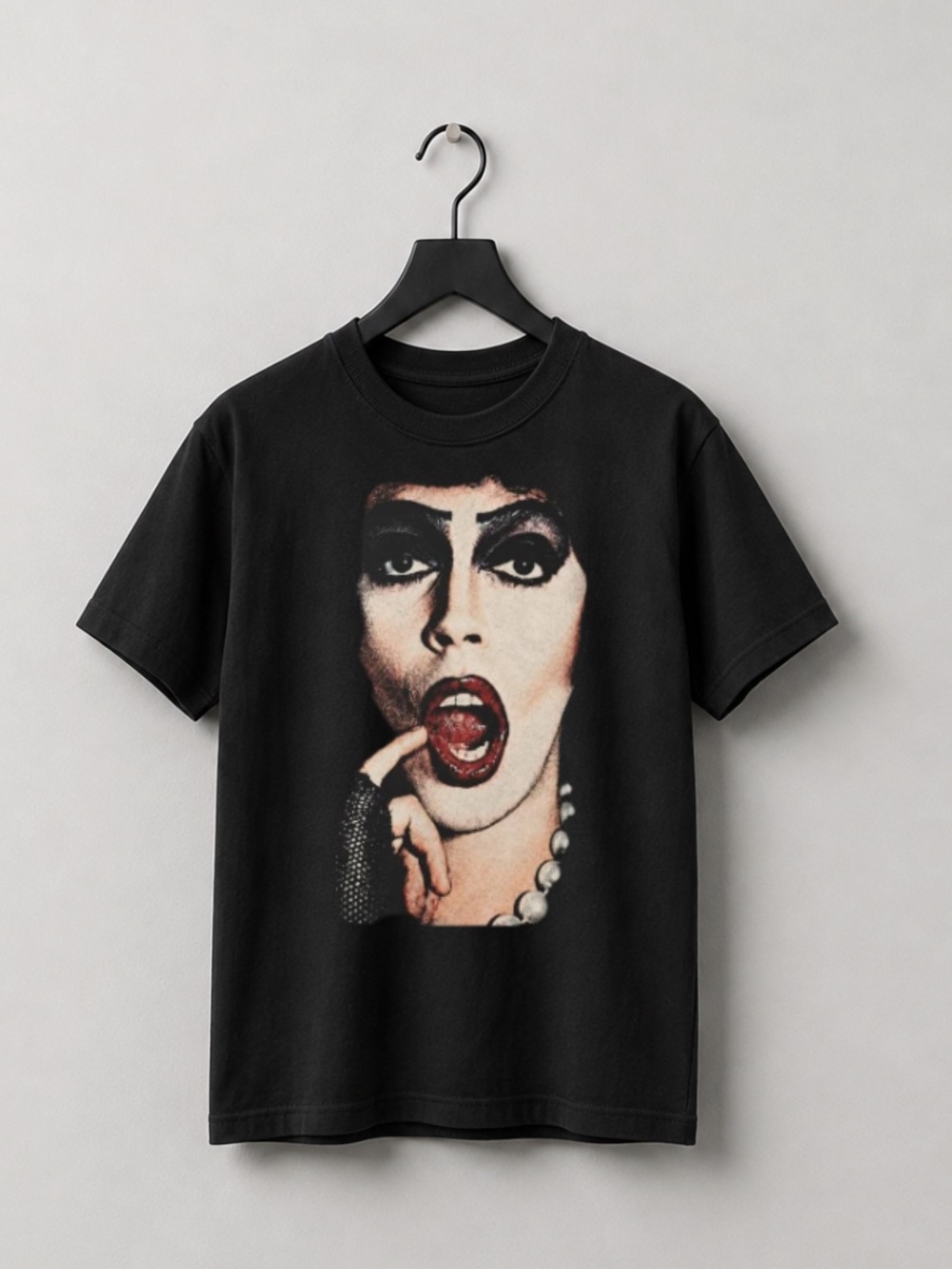 Black Graphic Crewneck T-Shirt with Vintage Portrait